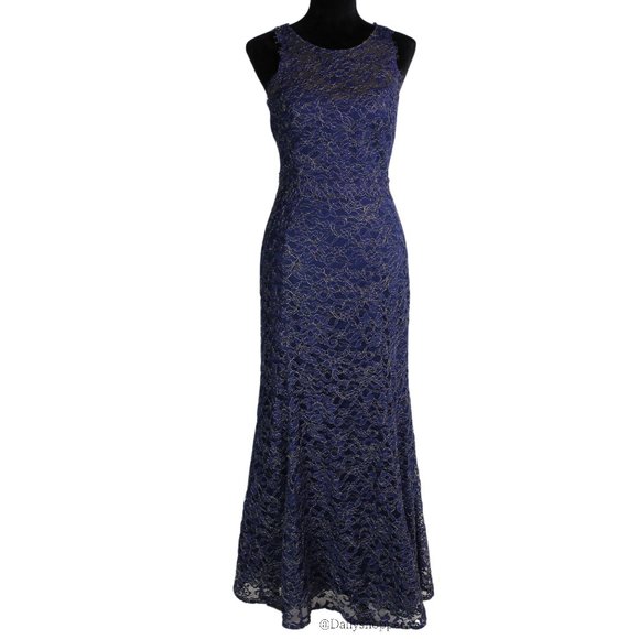 Marchesa Notte Navy Blue & Metallic Gold Lace Beaded Back Trumpet Evening Gown - Picture 3 of 8